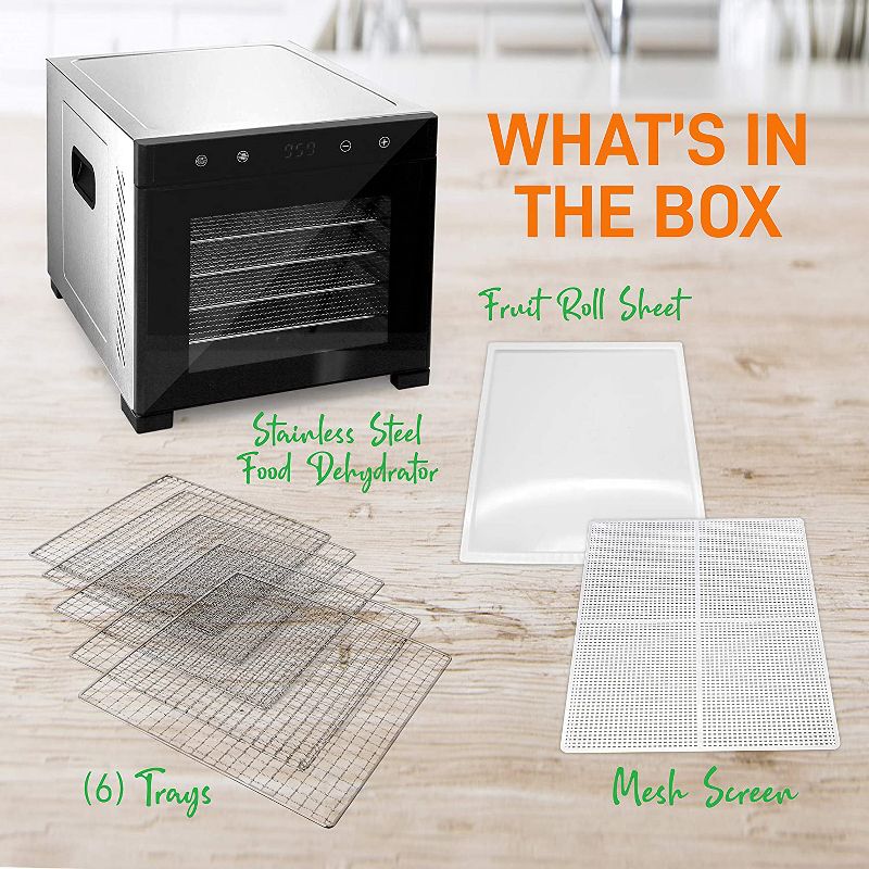 NutriChef Electric Countertop 600 Watts Multi Tier Food Dehydrator Machine with 6 Stainless Steel Trays, Digital Timer, &Temperature Control, Silver