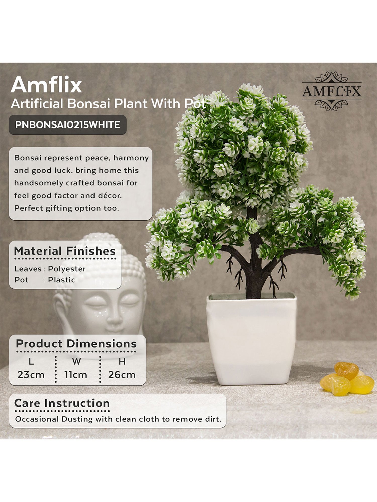 Amflix White Artificial Bonsai Plant With Pot