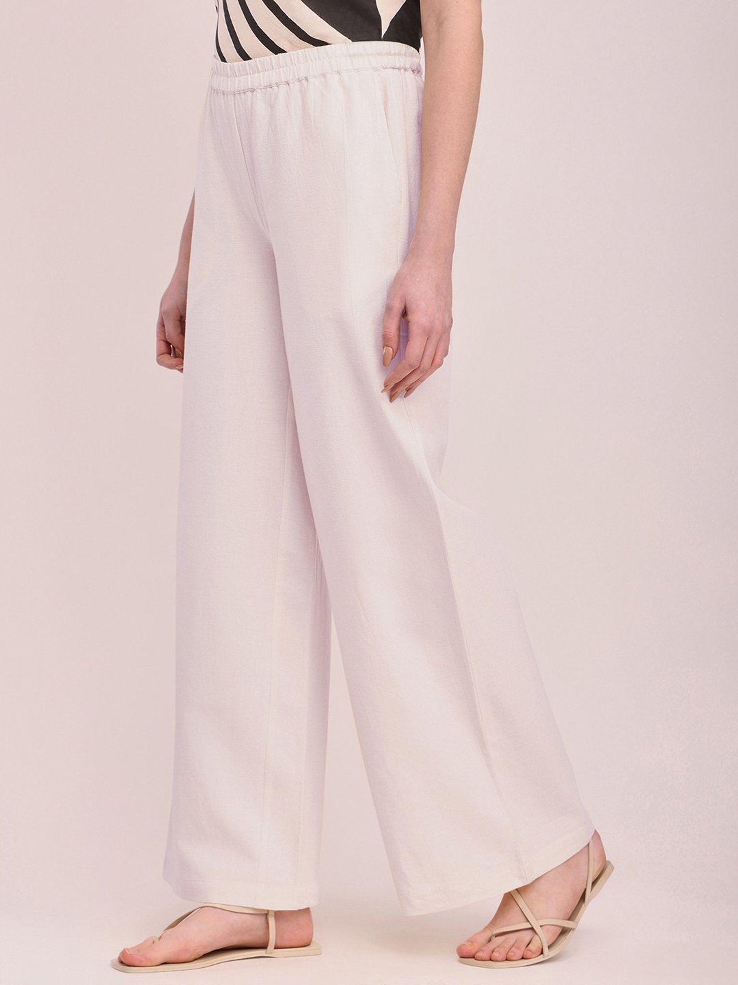 Pink Fort Off-White Cotton Relaxed Fit Palazzos