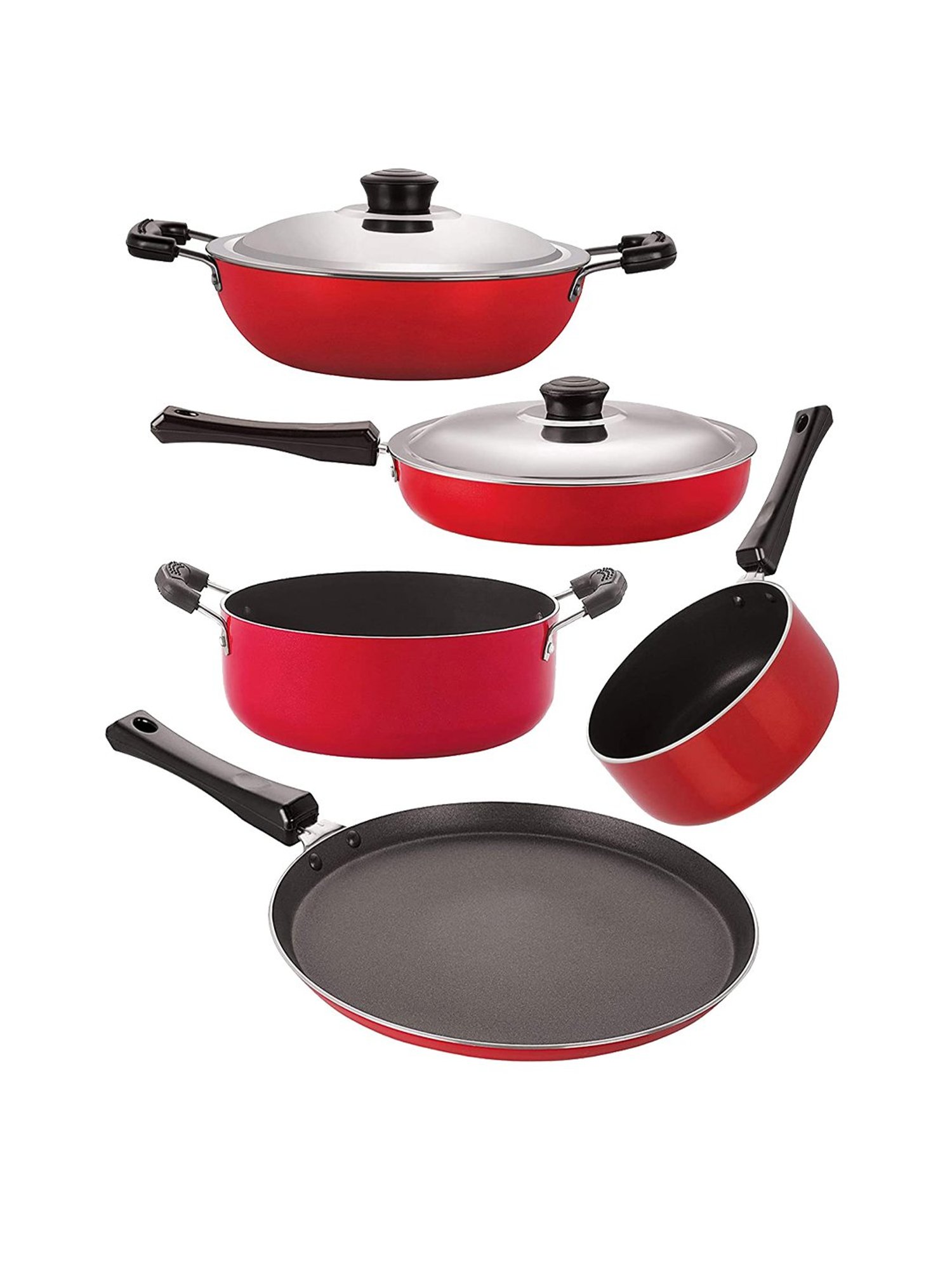 Nirlon Non-Stick Red Aluminium Non-Induction Cookware Item Set with Bakelite set of 5 Pieces