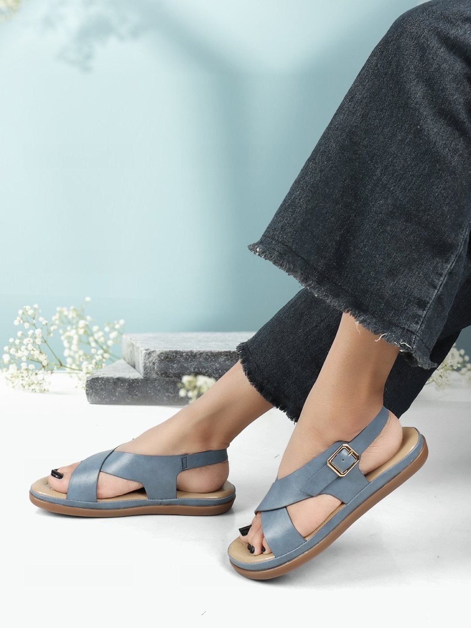 Iconics Women's Blue Cross Strap Sandals