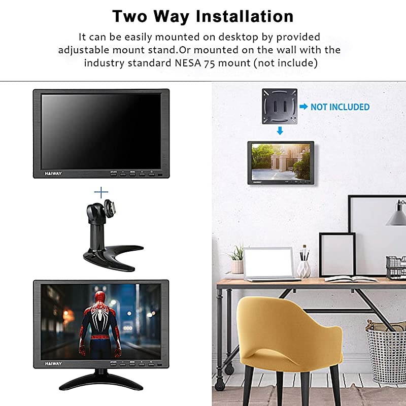 101 inch Security Surveillance Monitor with Remote Control IPS 1024x600 Resolution Video Display with HDMI Input Builtin Dual Speakers for CCTV Raspberry Pi PC HDMI VGA BNC AV