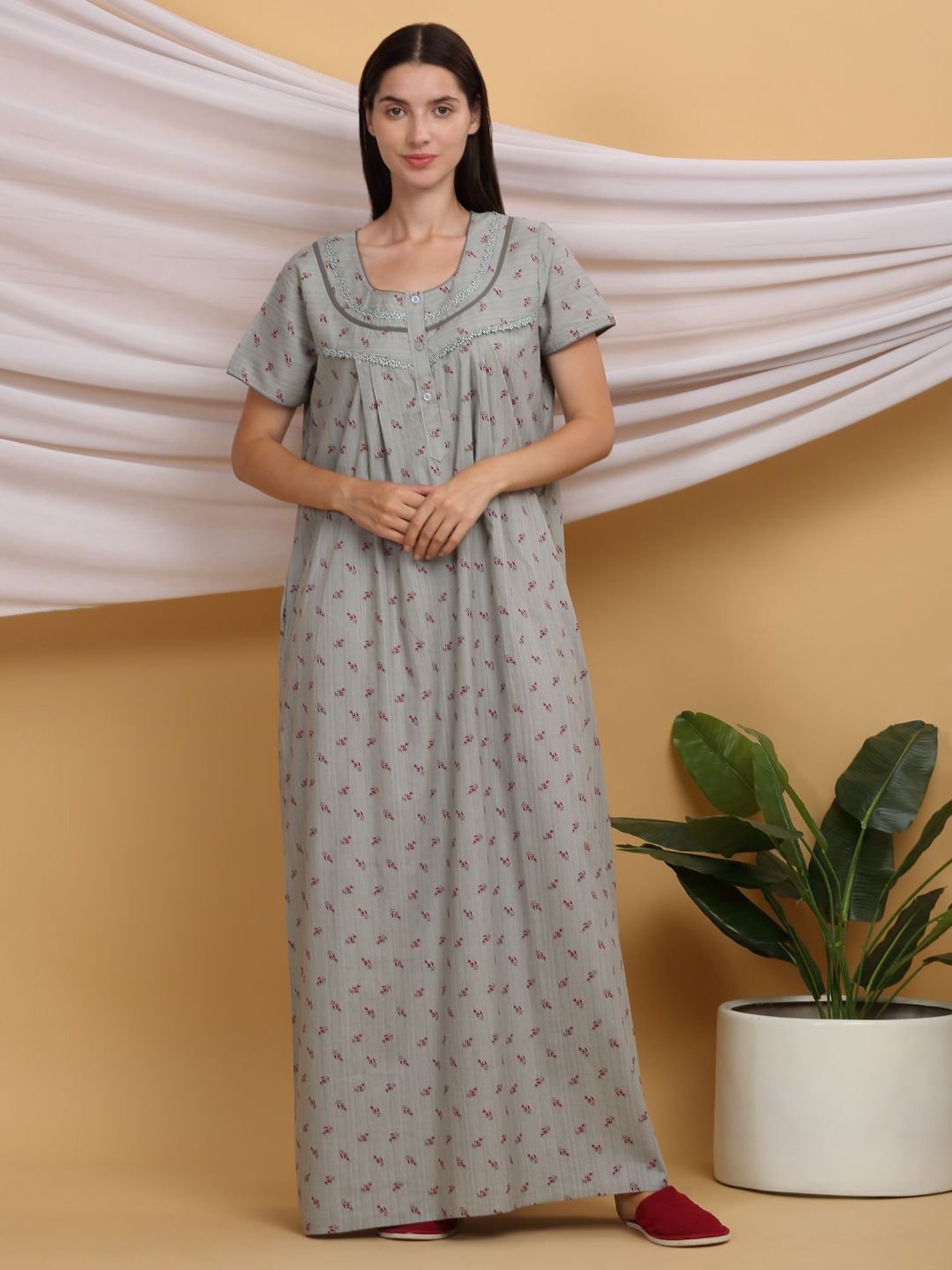 Sweet Dreams Grey Cotton Printed Night Gown