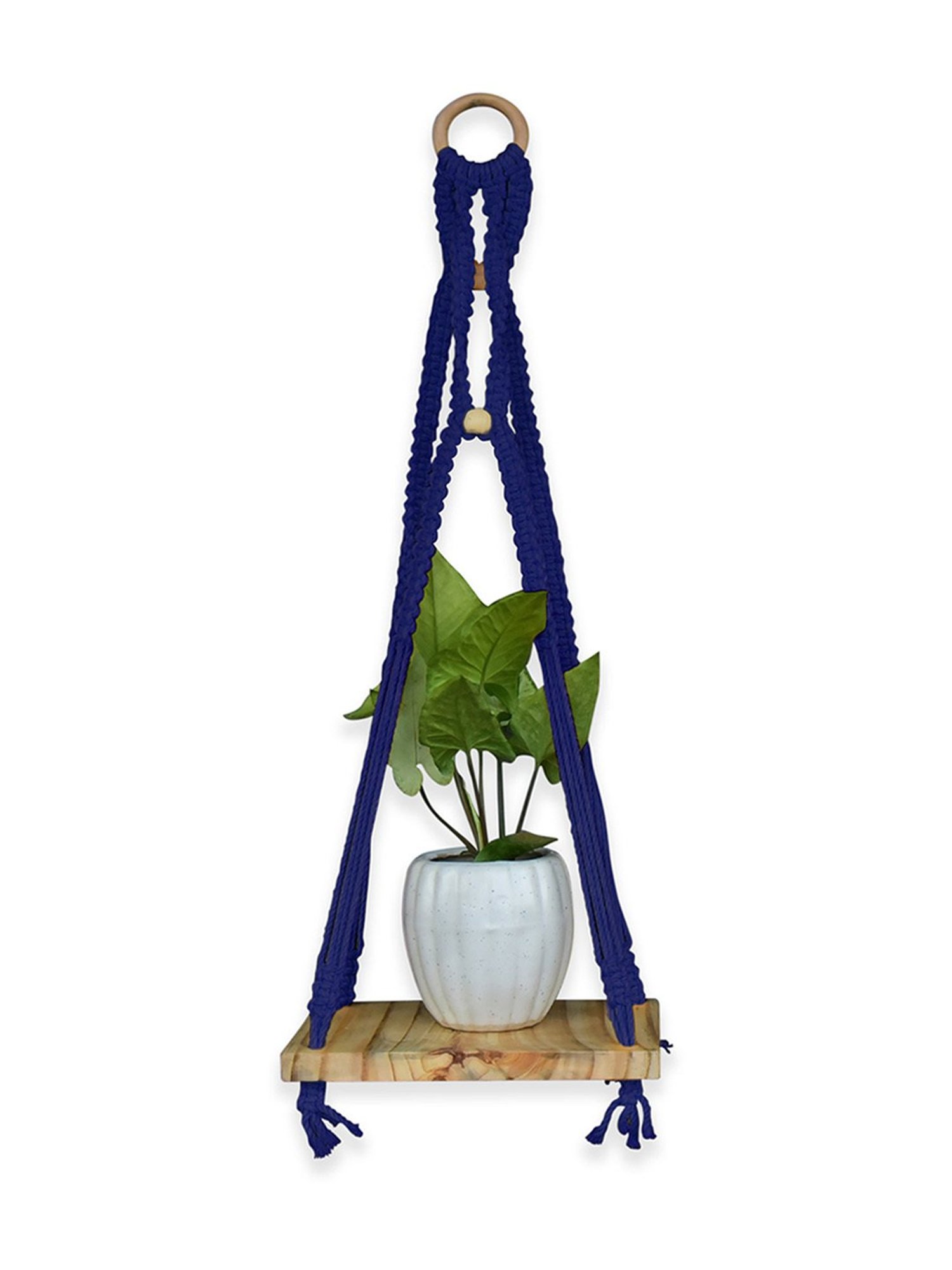 Gathari Macram&iquest; Blue Pine Wood Wall Hanging Shelf