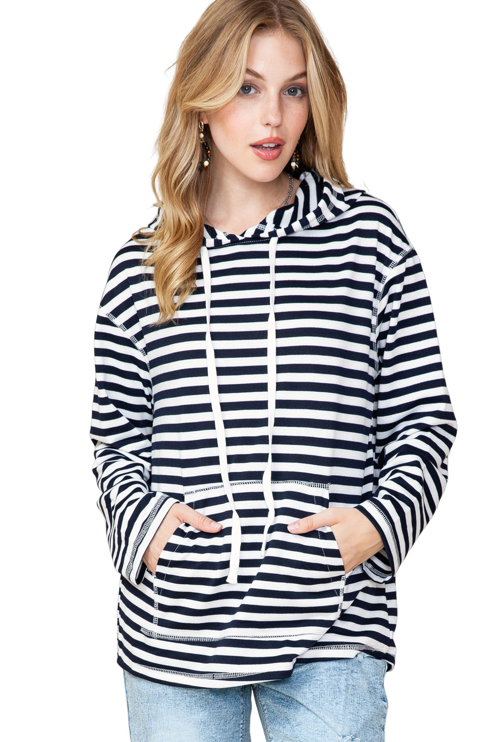 Stripe Print Kangaroo Pocket Drawstring Hoodie