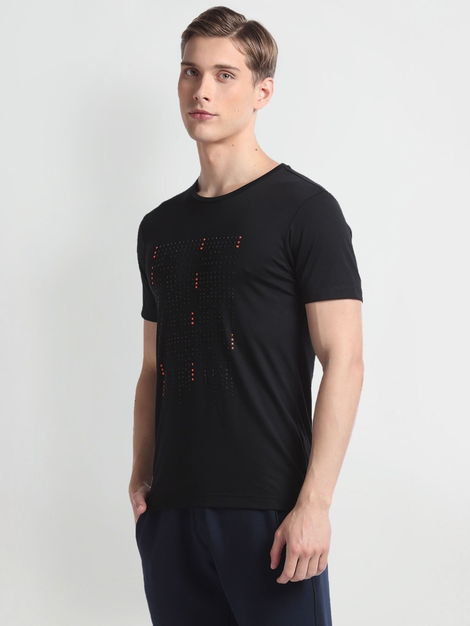 Arrow Newyork Black Cotton Regular Fit Printed T-Shirt