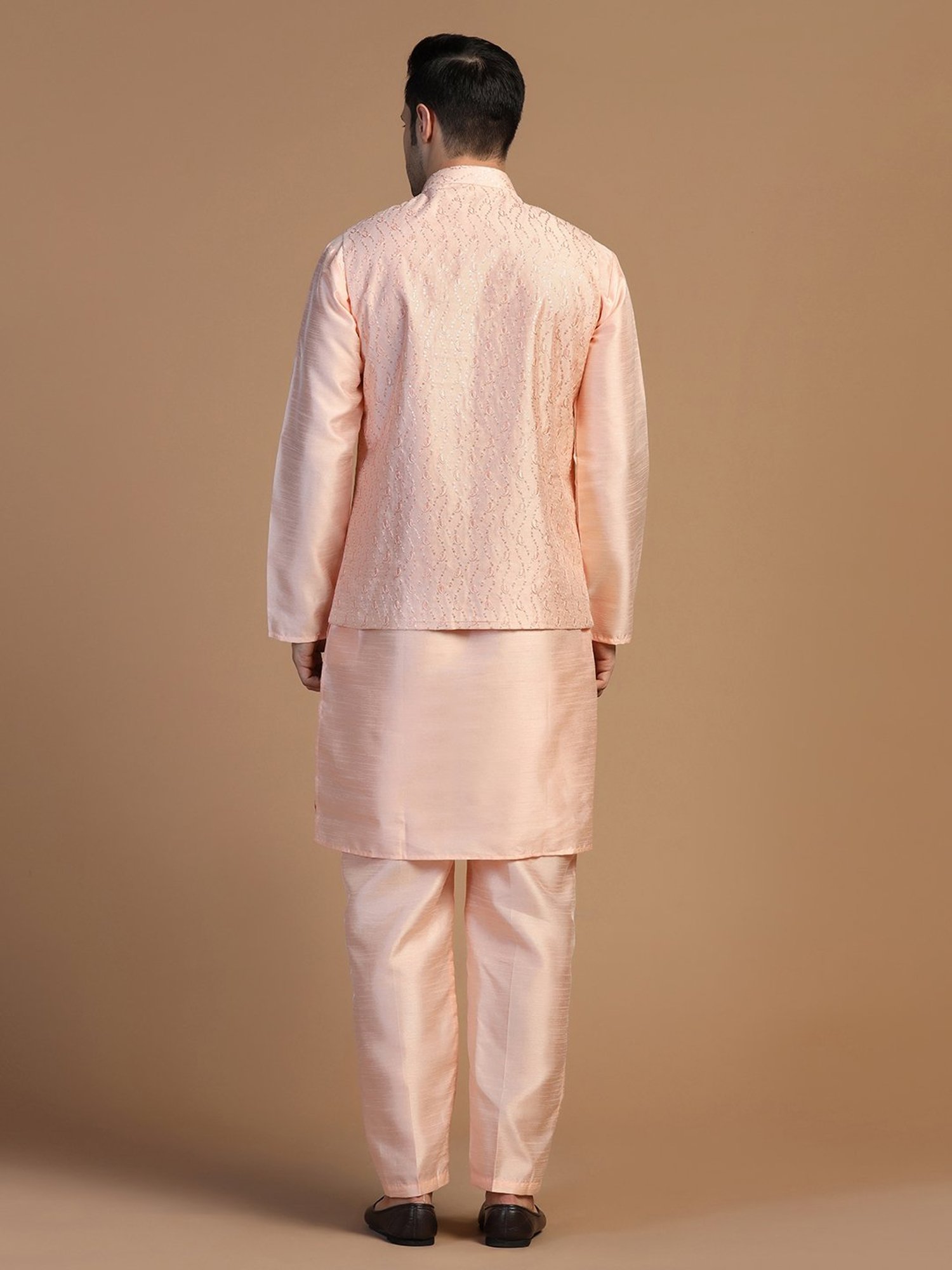 TAHVO Peach Regular Fit Embroidered Nehru Jacket
