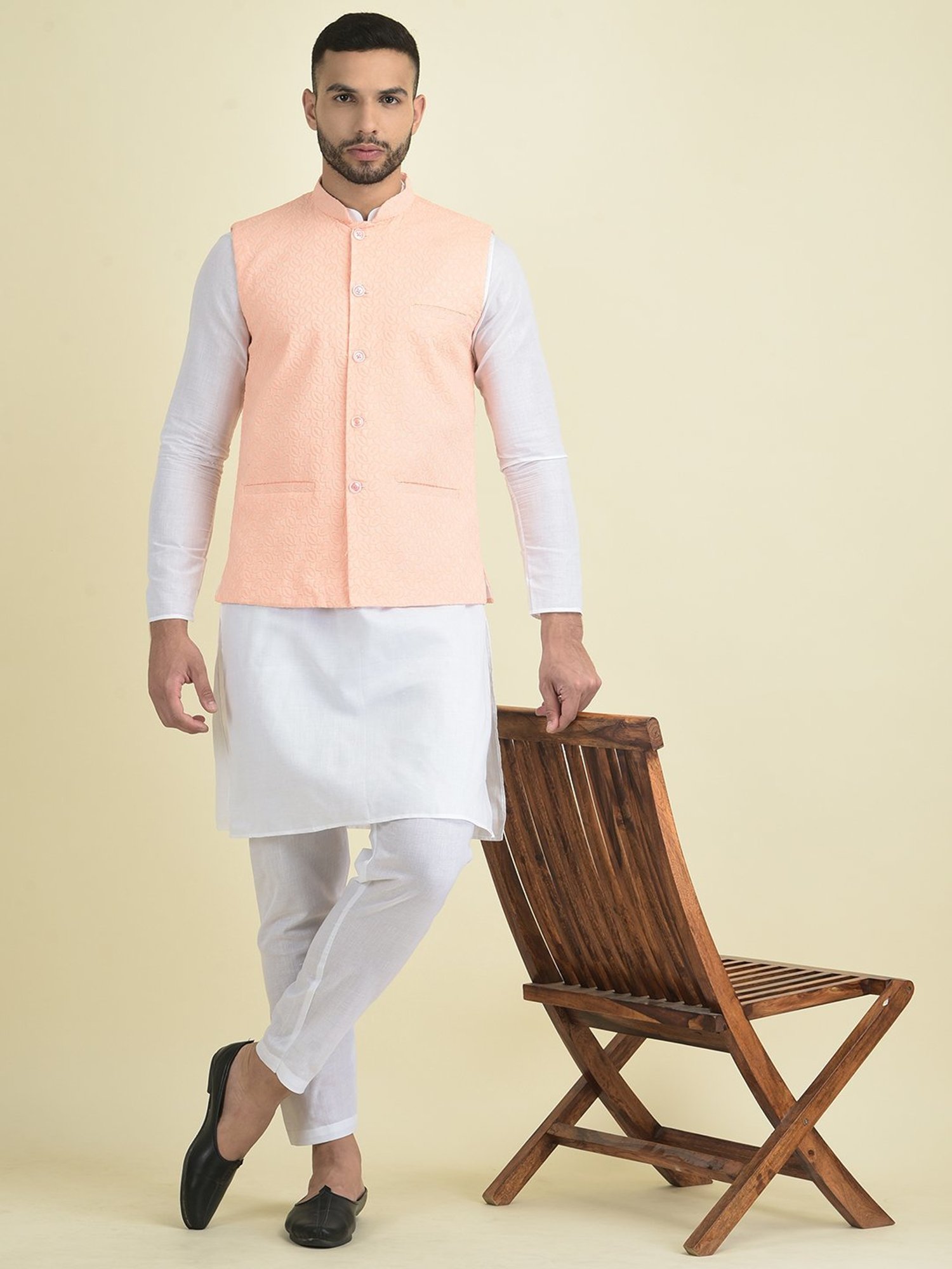 Deyann Peach & White Cotton Regular Fit Embroidered Kurta Set With Jacket
