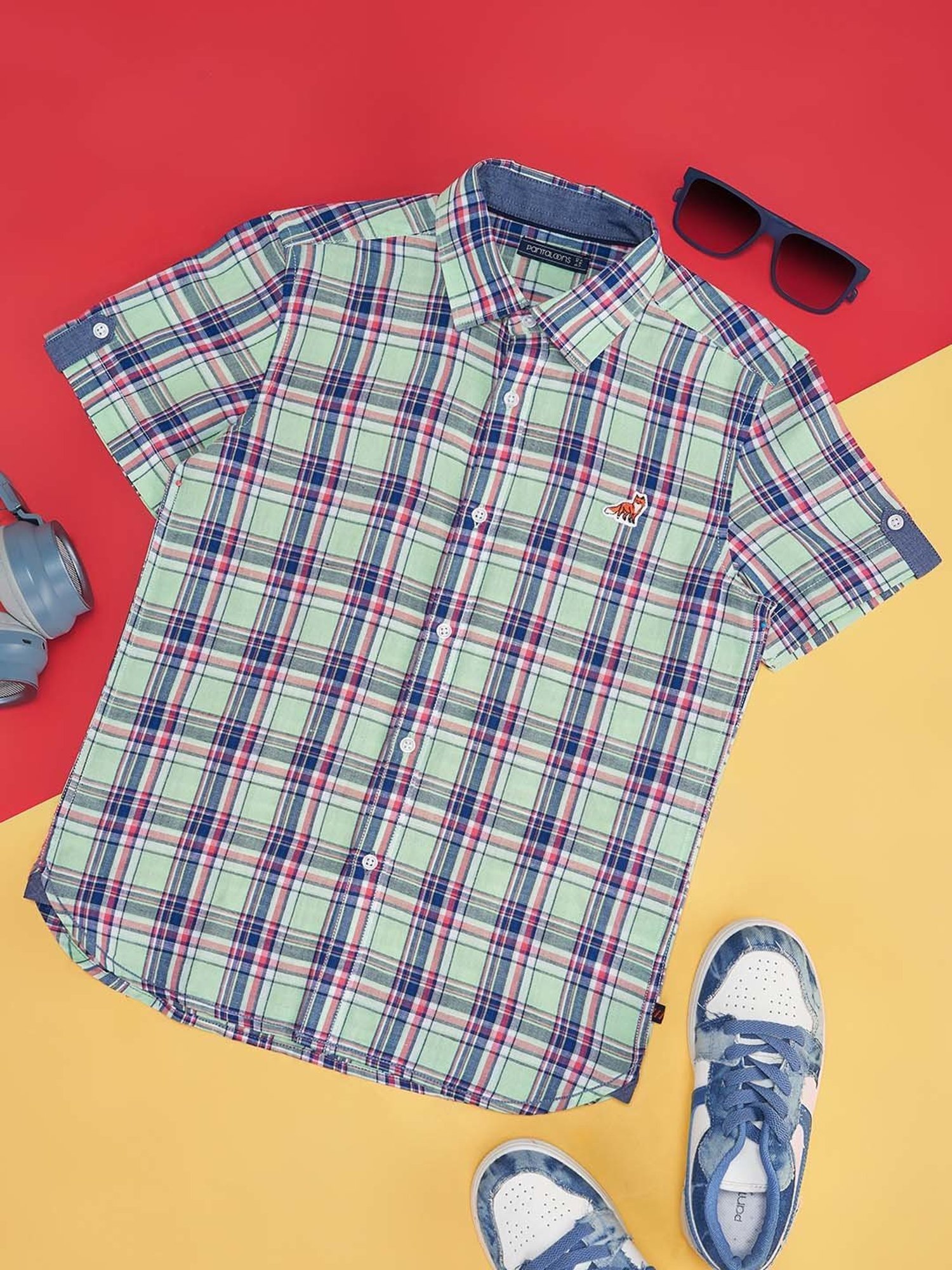 Pantaloons Junior Kids Pastel Green & Blue Cotton Chequered Shirt