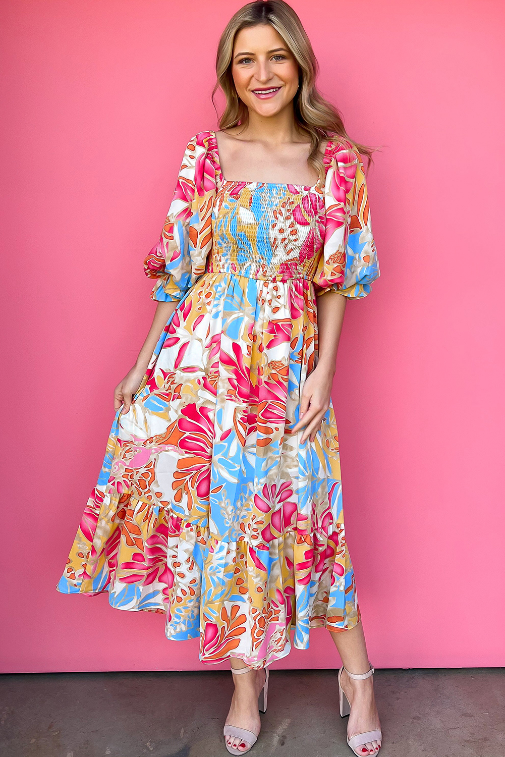 Multicolor Boho Floral Collared Long Sleeve Dress