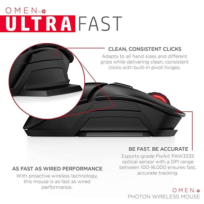 OMEN by  Photon Wireless Gaming Mouse with Qi Wireless Charging Programmable Buttons Custom RGB ESport DPI 6CL96AA