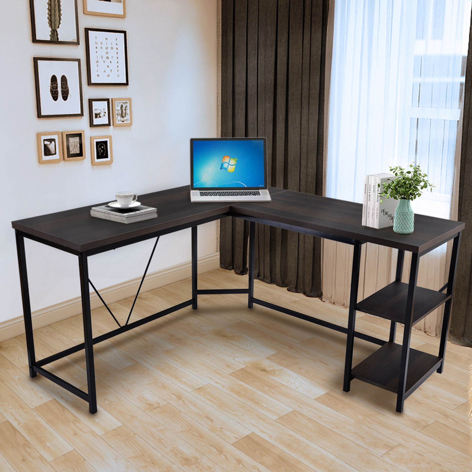 Modern L-Shaped Corner Desk Computer Office Desk Gaming Desk PC Laptop Gaming Table Workstation With 2-Tier Storage Shelves For Home Office Solid Metal Frame With Foot Rest (Walnut)