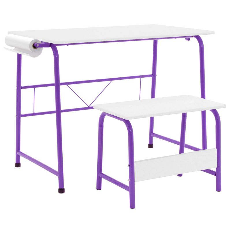 Studio Designs 38023 Homeroom 2 Piece Kids Art Learning Homework Desk and Bench Set with 12 Inch Craft Paper Roll and Backpack Hook, Purple/White