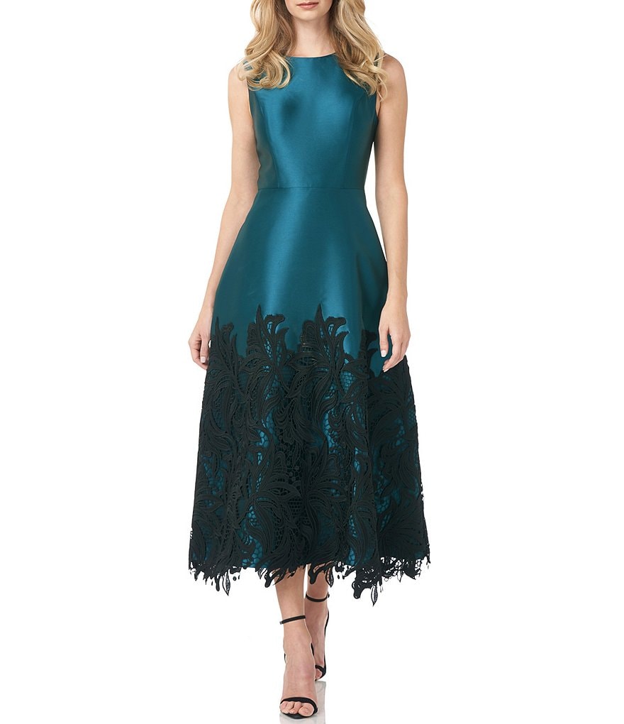 Kay Unger Jewel Neck Sleeveless Lace Applique Lola Twill Party Dress