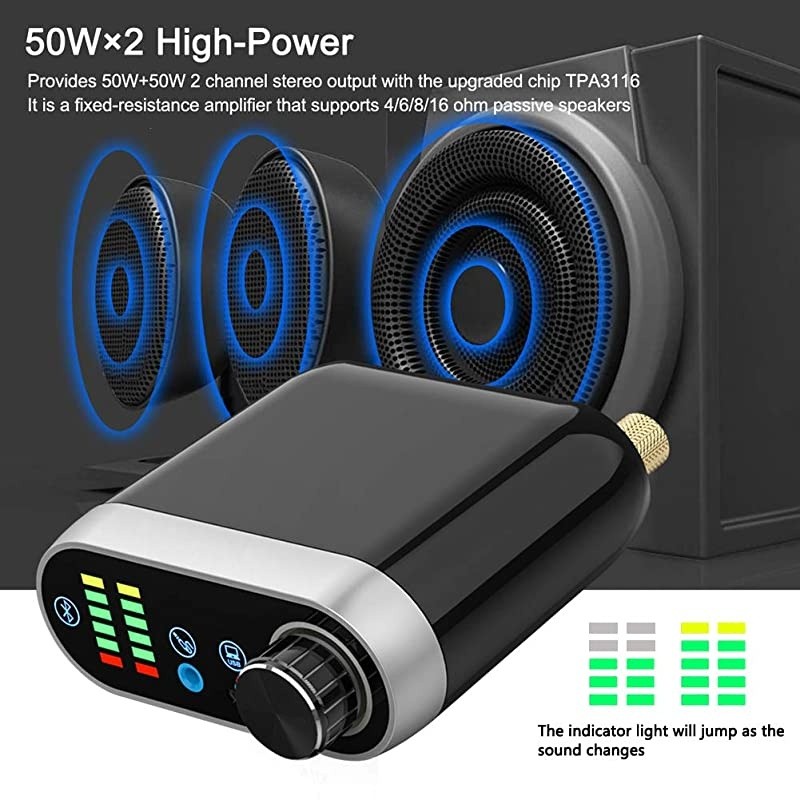 Bluetooth 5.0 Power Amplifier Wireless Audio Receiver with 12V 5A DC Adapter, Stereo Hi-Fi Digital Amp 2 Channel 50W+50W with AUX/USB/Bluetooth Input for Phone PC Tablet MP3(Black)