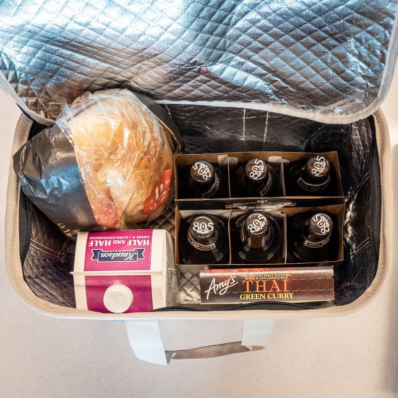 CleverMade SnapBasket Insulated Collapsible Grocery 32qt Shopping Bag Tote with Zippered Lid Navy/Cream - 3pk