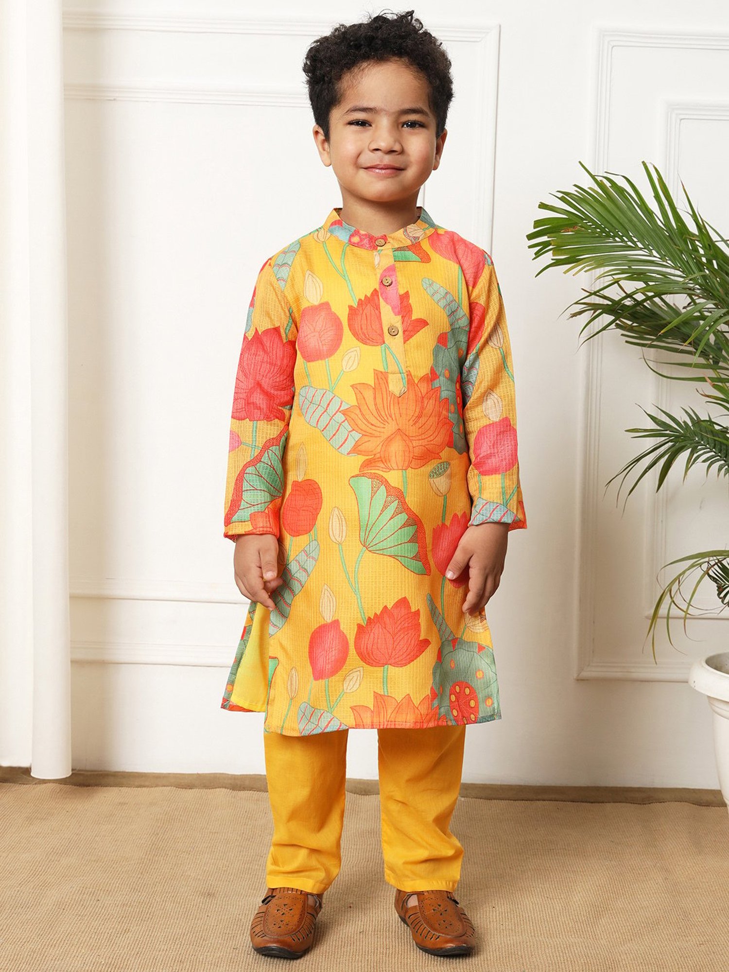 READIPRINT FASHIONS Kids Yellow & Coral Printed Full Sleeves Kurta with Pyjamas