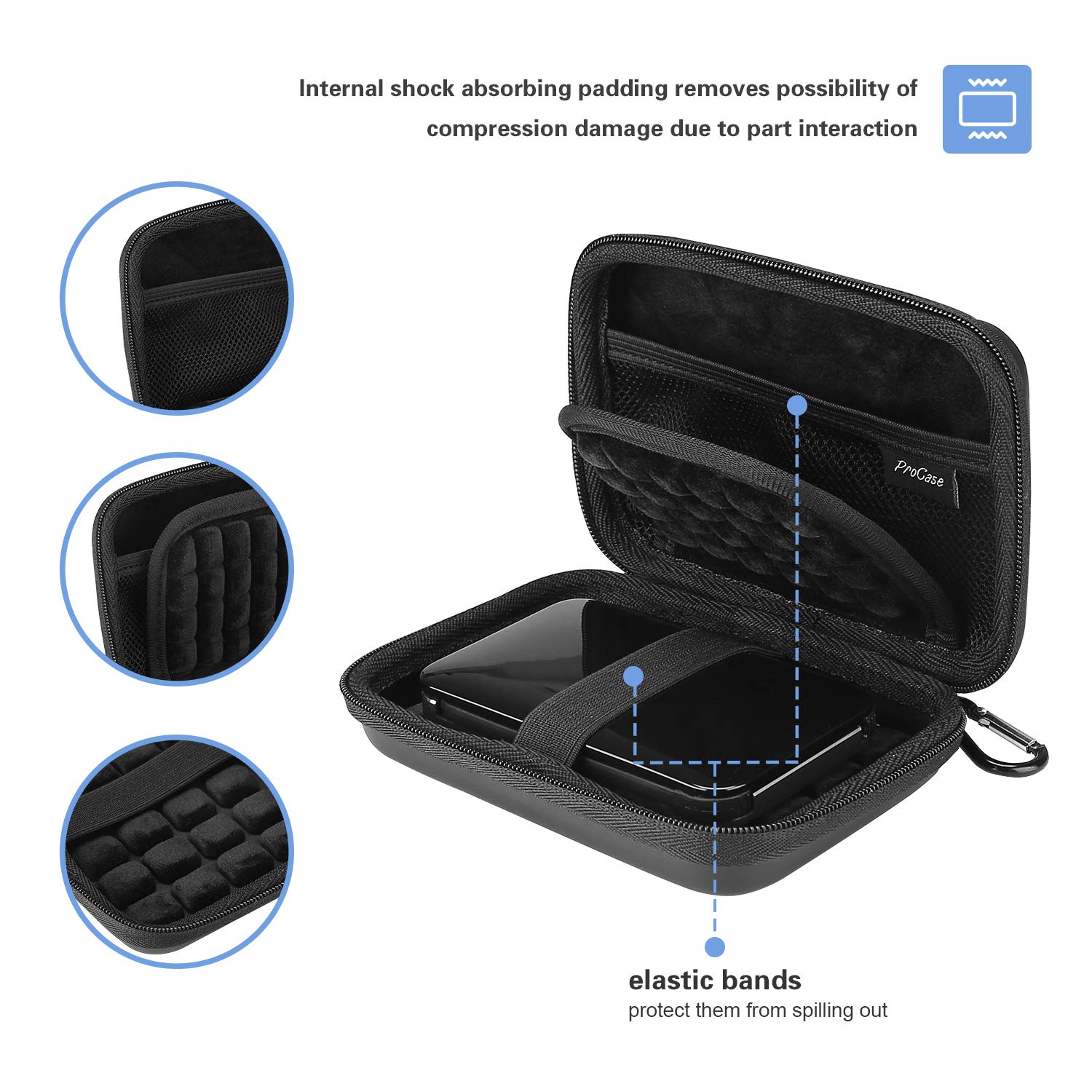 Procase Portable Hard Drive Case for Canvio Basics Western Digital WD Elements My Passport Seagate Portable Backup Plus Slim 1TB 2TB 3TB 4TB USB 3.0, 2.5&rdquo; Portable External Hard Drive Case -Black