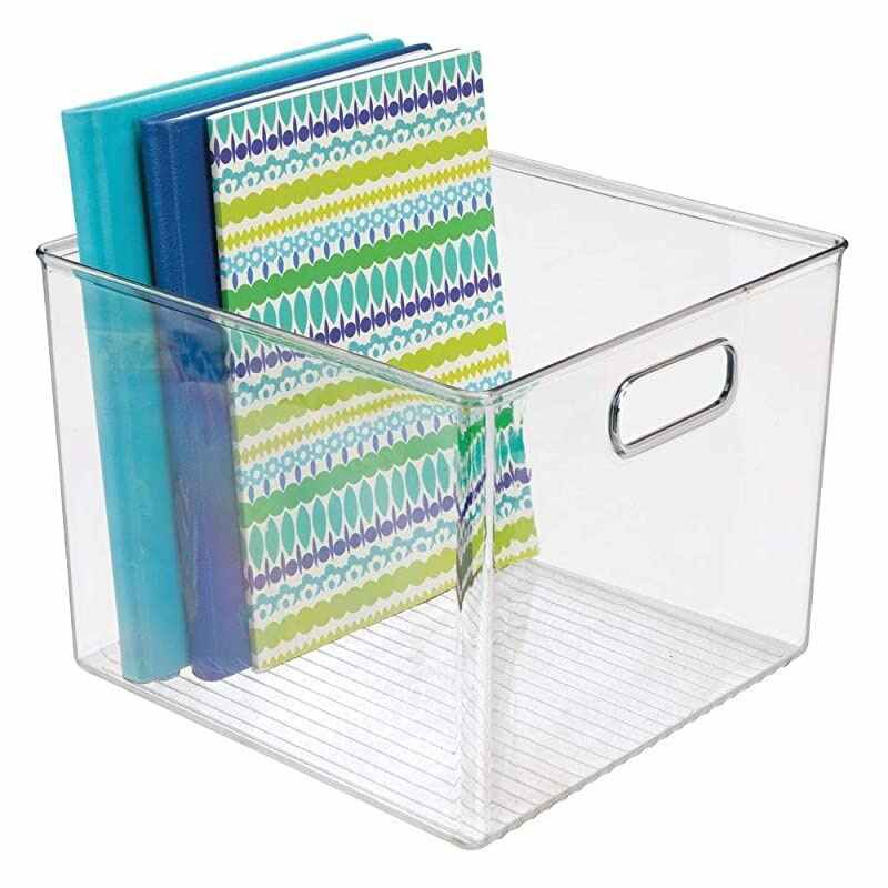 Plastic Storage Container Bin with Carrying Handles for Home Office, Filing Cabinets, Shelves - Organizer for School Supplies, Pens, Pencils, Notepads, Staplers, Envelopes - Clear