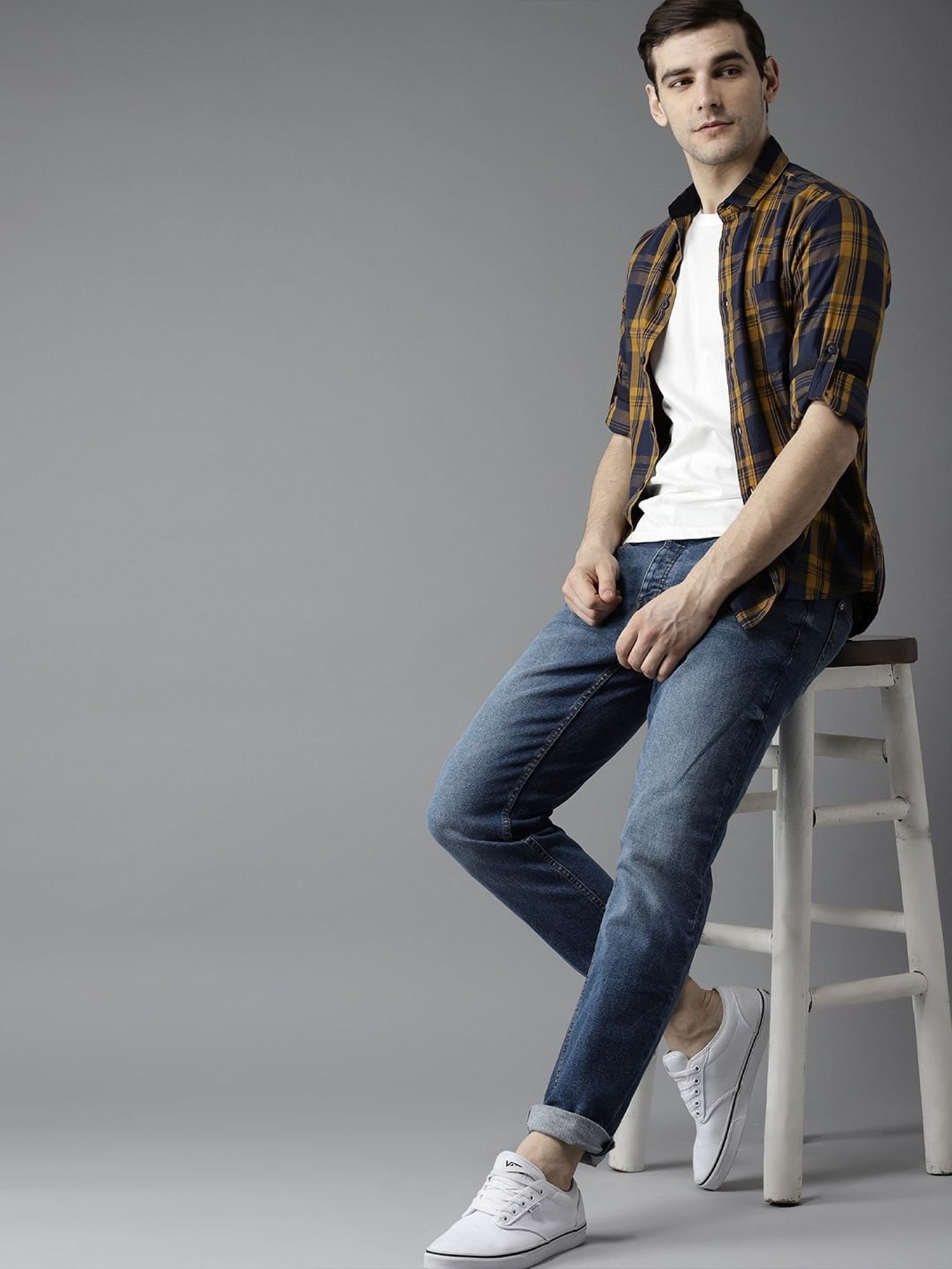 Dennis Lingo Mustard & Navy Cotton Slim Fit Checks Shirt