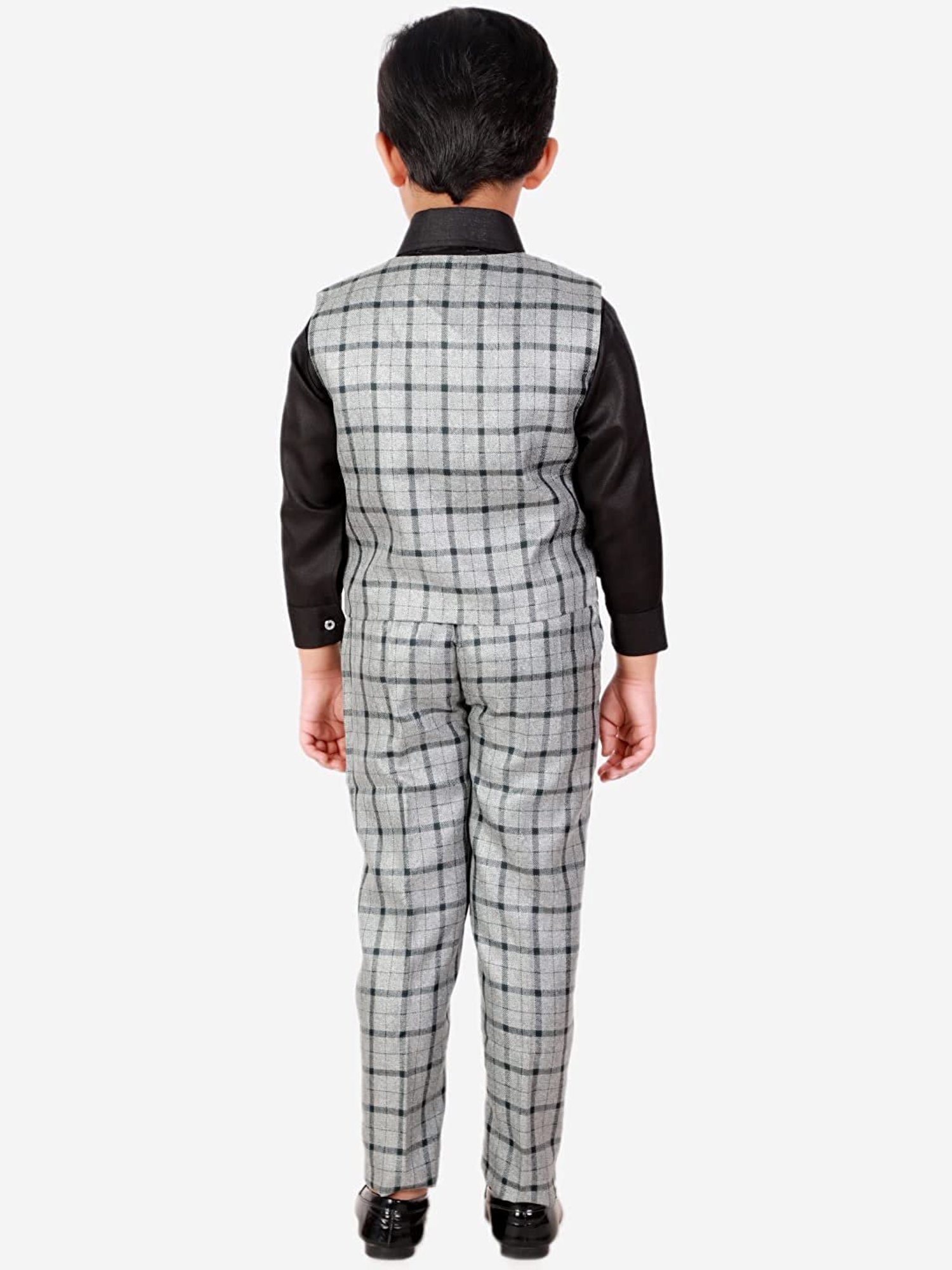 Pro-Ethic Style Developer Kids Grey & Black Checks Full Sleeves Shirt, Waistcoat, Pants with Bow