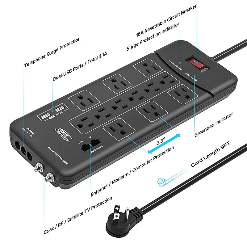 Surge Protector Power Strip 4050Joules with USB31A Flat Plug 9FT Long Cord Black