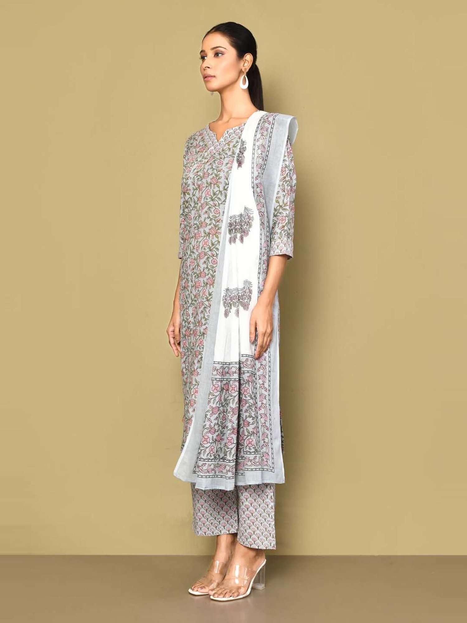Miravan Blue Cotton Printed Kurta Palazzo Set With Dupatta