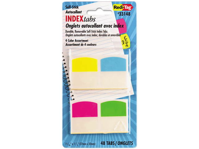 Redi-Tag 33148 Write-On Self-Stick Index Tabs/Flags, 1 1/16 Inch, 4 Colors, 48/Pack
