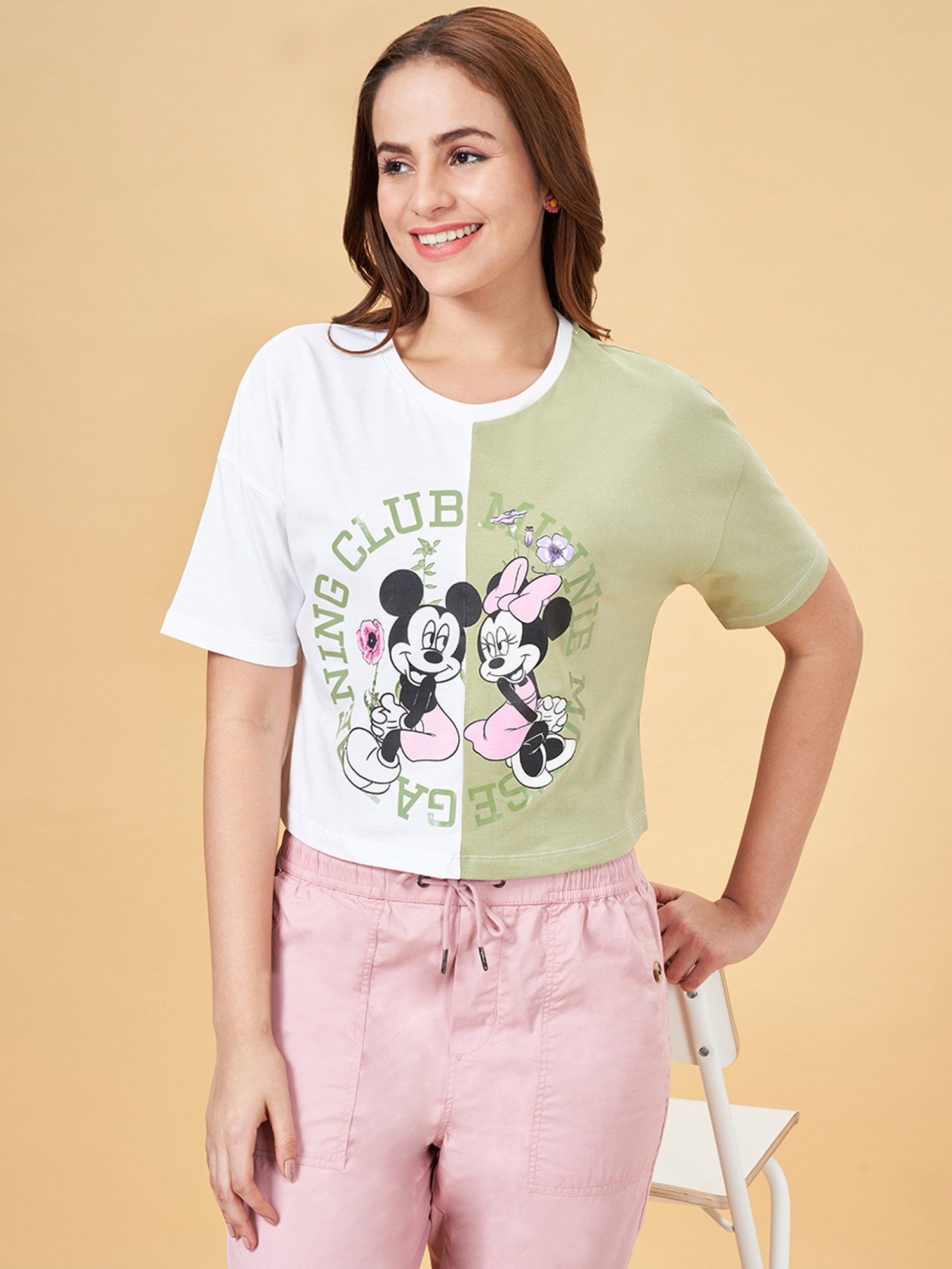 Honey by Pantaloons White & Green Cotton Printed Crop T-Shirt