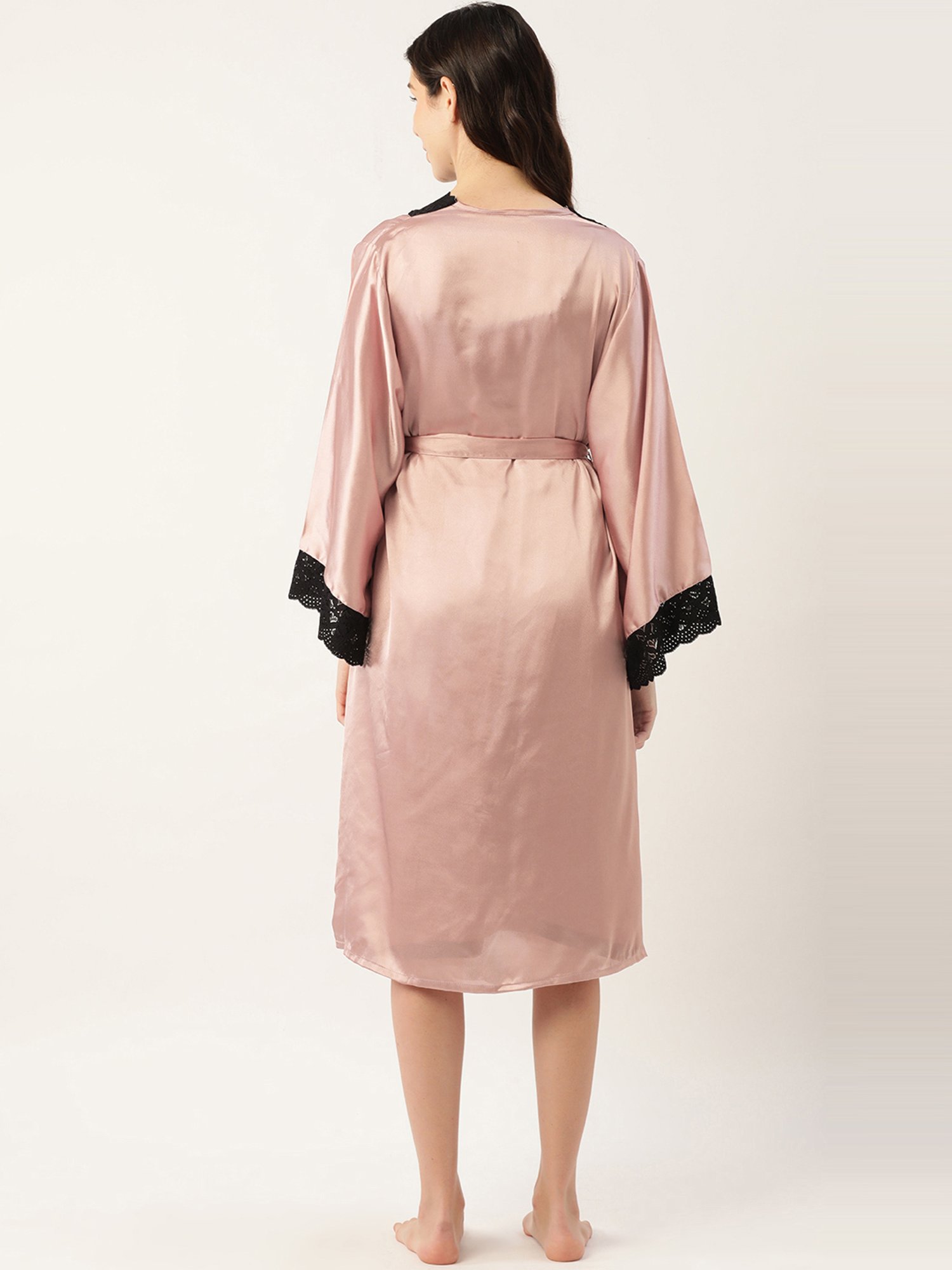 Ms.Lingies Peach Lace Work Nightwear With Robe