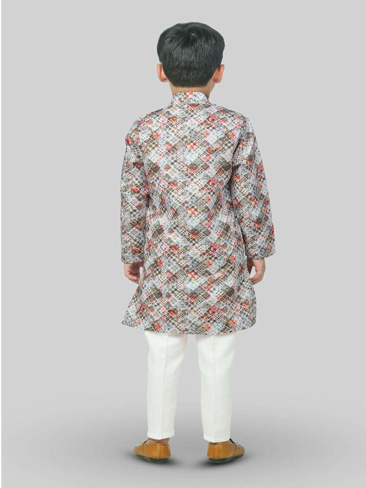 Ahhaaaa Kids Grey & White Cotton Handloom Full Sleeves Kurta Set