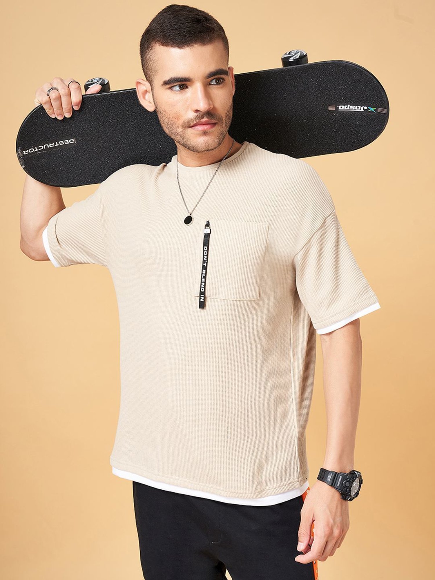 Street 808 by Pantaloons Beige Boxy Fit T-Shirt