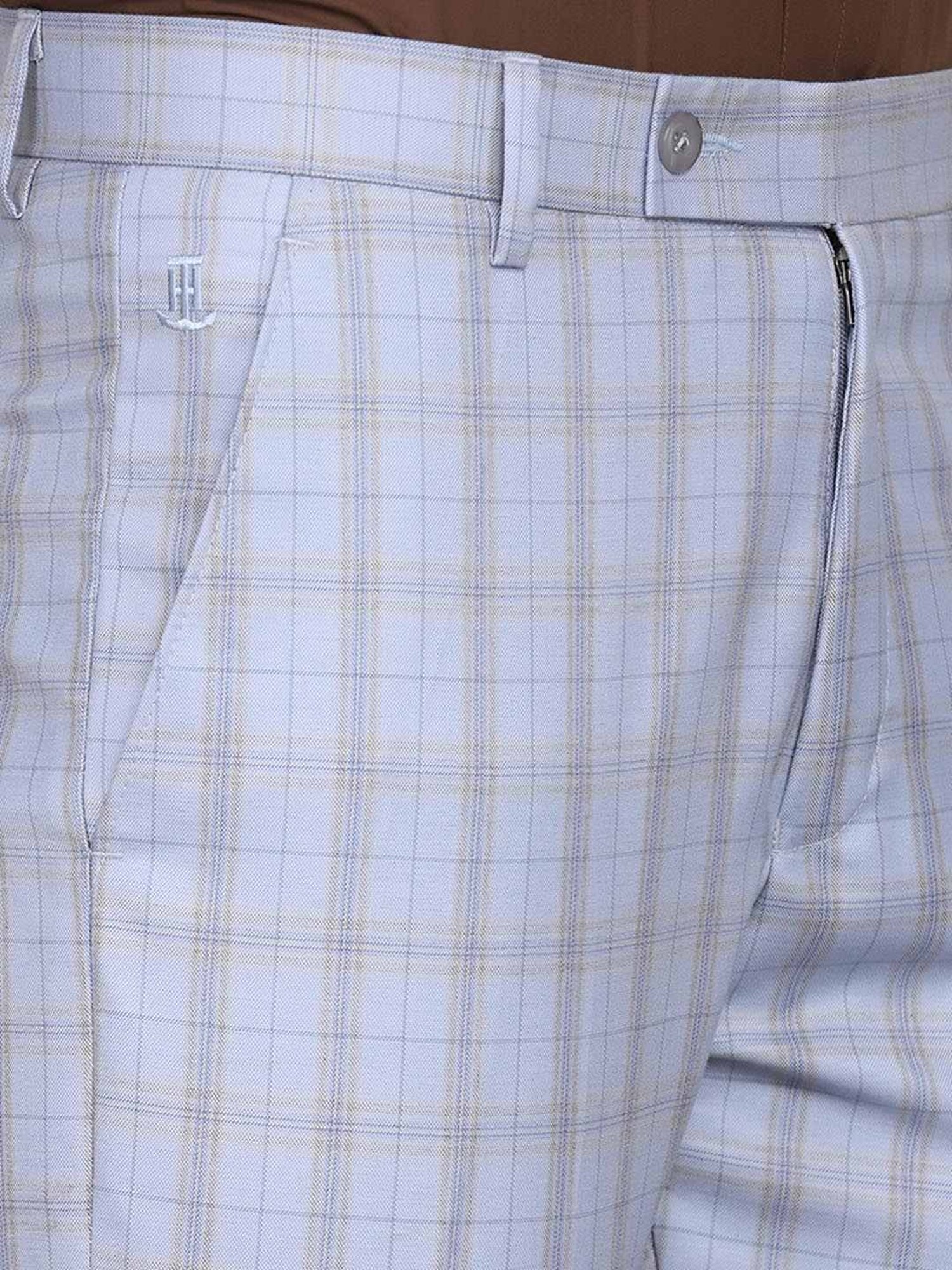 TAHVO Blue Cotton Regular Fit Checks Trousers