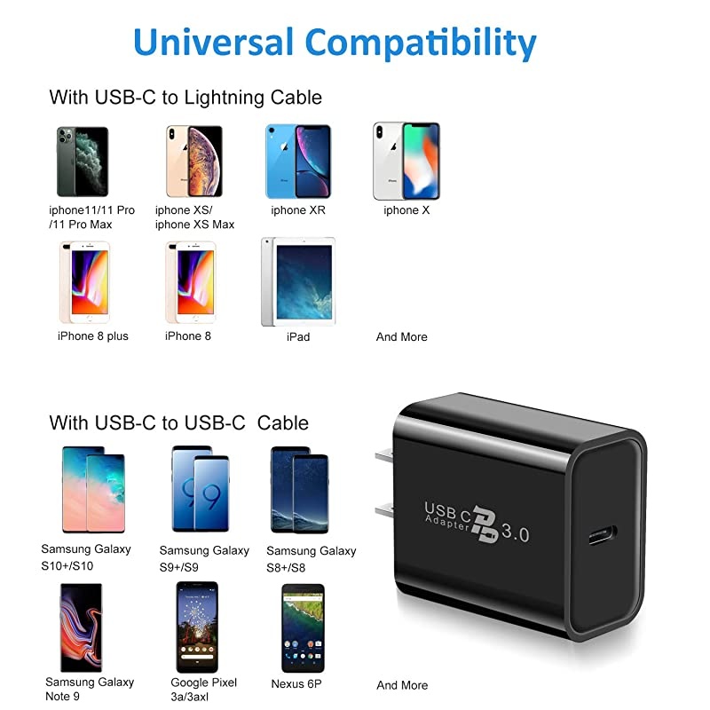 USB C Wall Charger  3Pack 18W Type C Fast Charger PD 30 Fast Charging Power Delivery Adapter Compatible for iPhone 11 Pro MaxXXSXR8PlusGalaxy S10 S9 Plus Note 8 9 10PixeliPad ProBlack