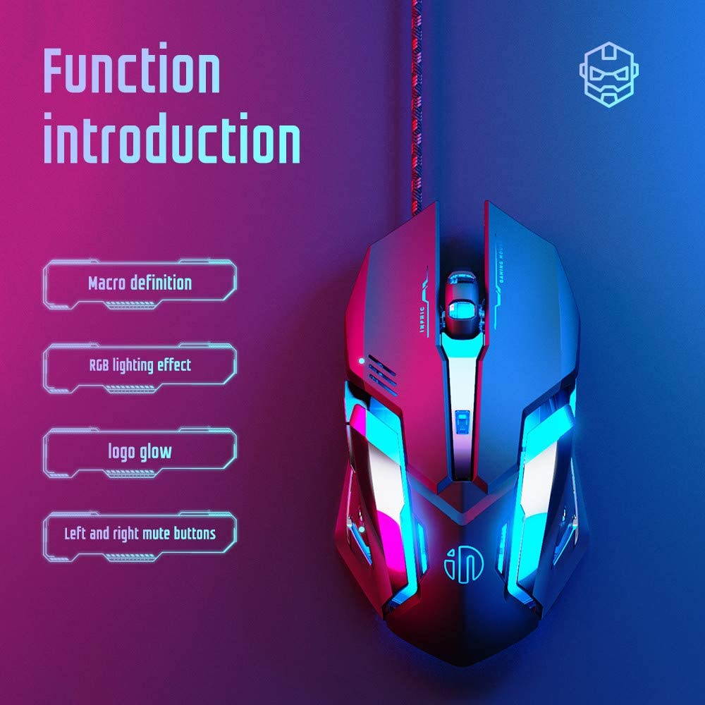 Inphic Gaming Mouse Wired, Ergonomic Game USB Computer Mice Backlight Mouse RGB Gamer Desktop Laptop PC Gaming Mouse, 7 Programmable Buttons for Windows 7/8/10/XP Vista Linux (Black)