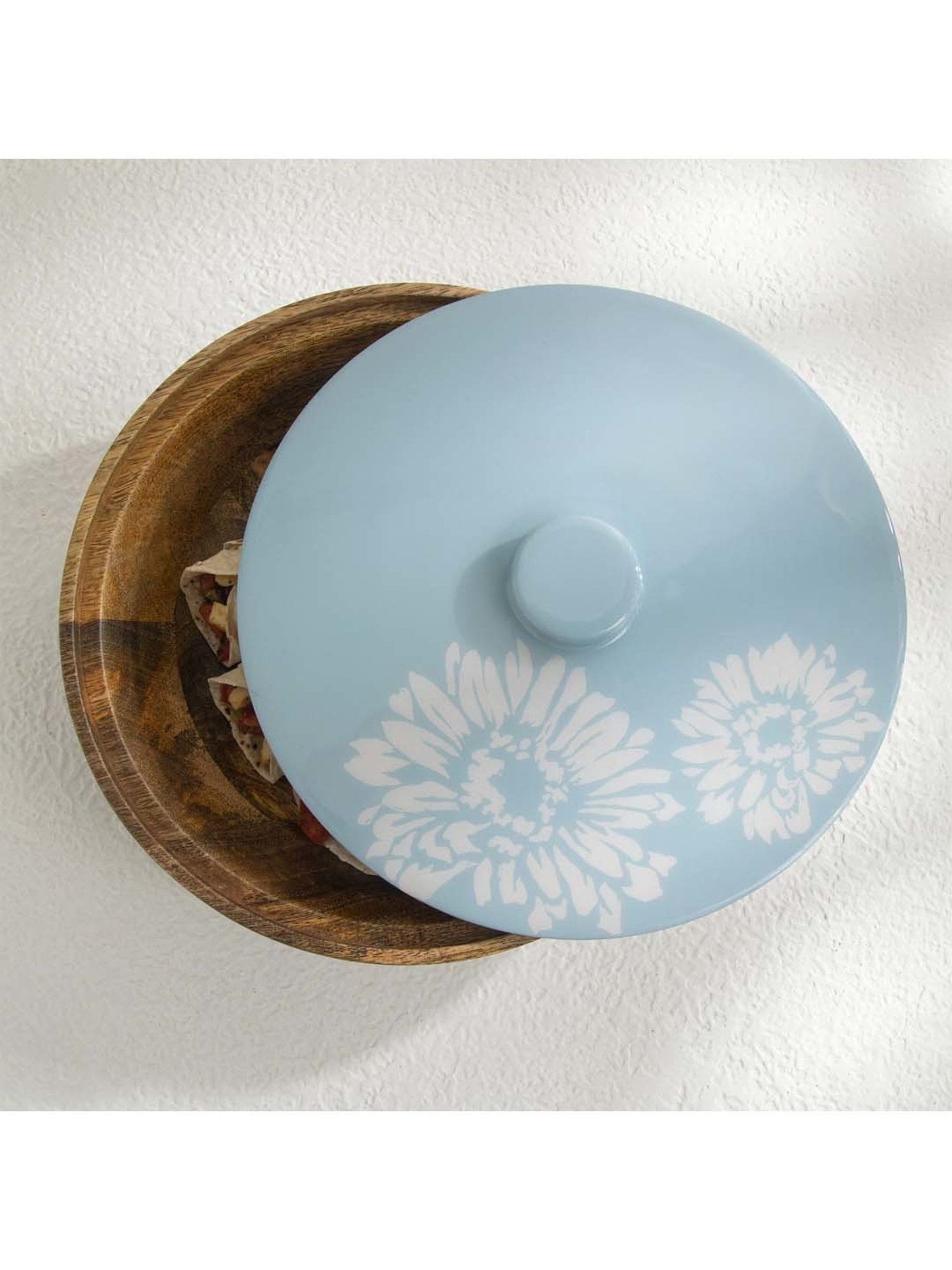 Ellementry Blossom Brown & Blue Wood Chapati Box With Lid - Set of 1