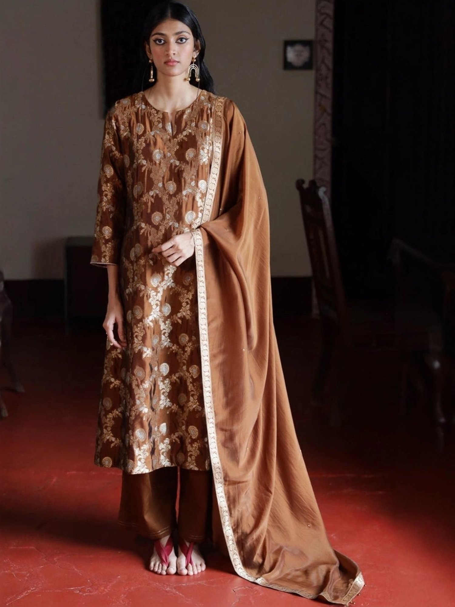 Ganga Fashions Argan Oil Brown Woven Silk Kurta with Salwar and Dupatta