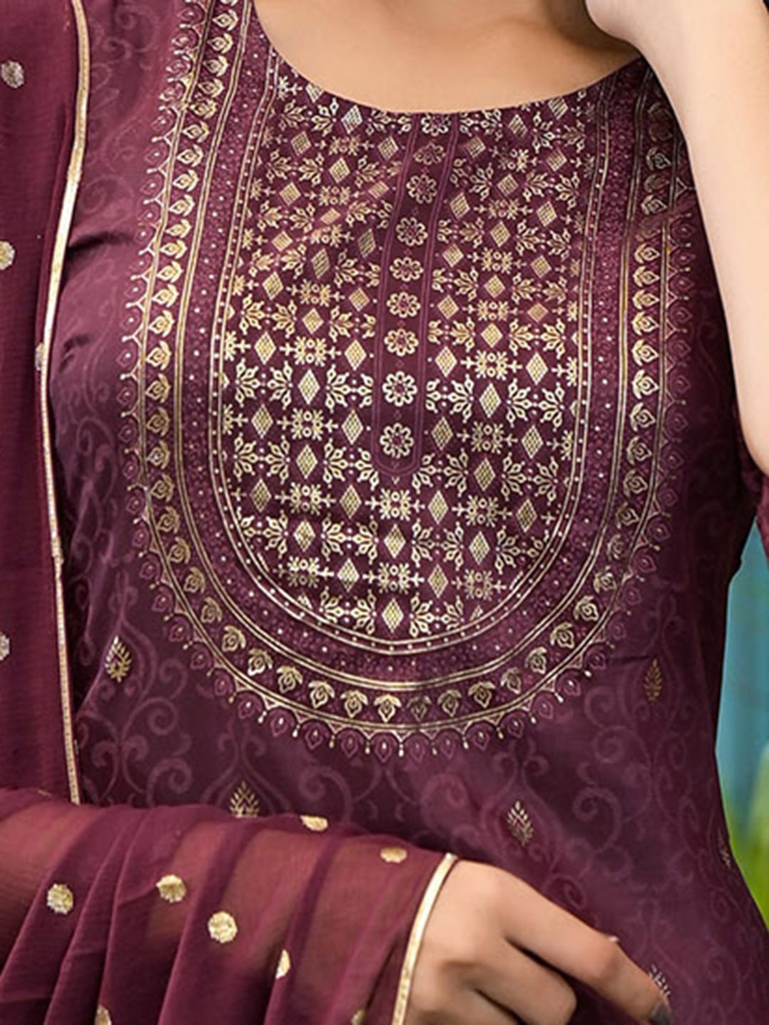 Juniper Wine Printed Kurta With Pant & Dupatta