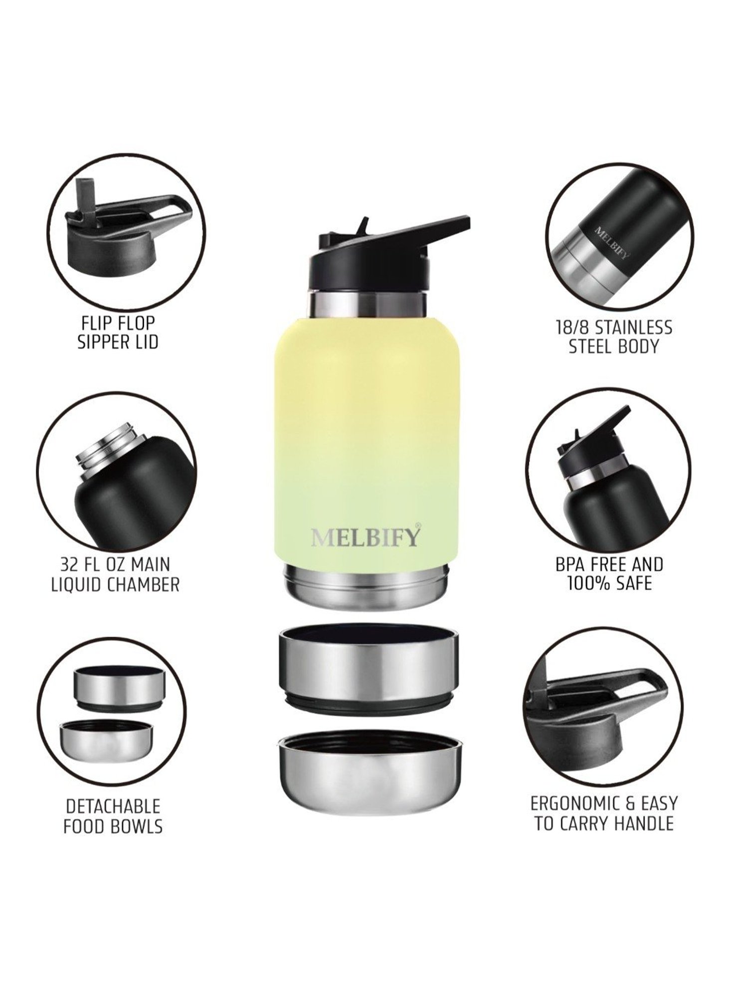 Melbify 2-in-1 Thermos Sipper Yellow ThermoSteel Water Bottle (1L)