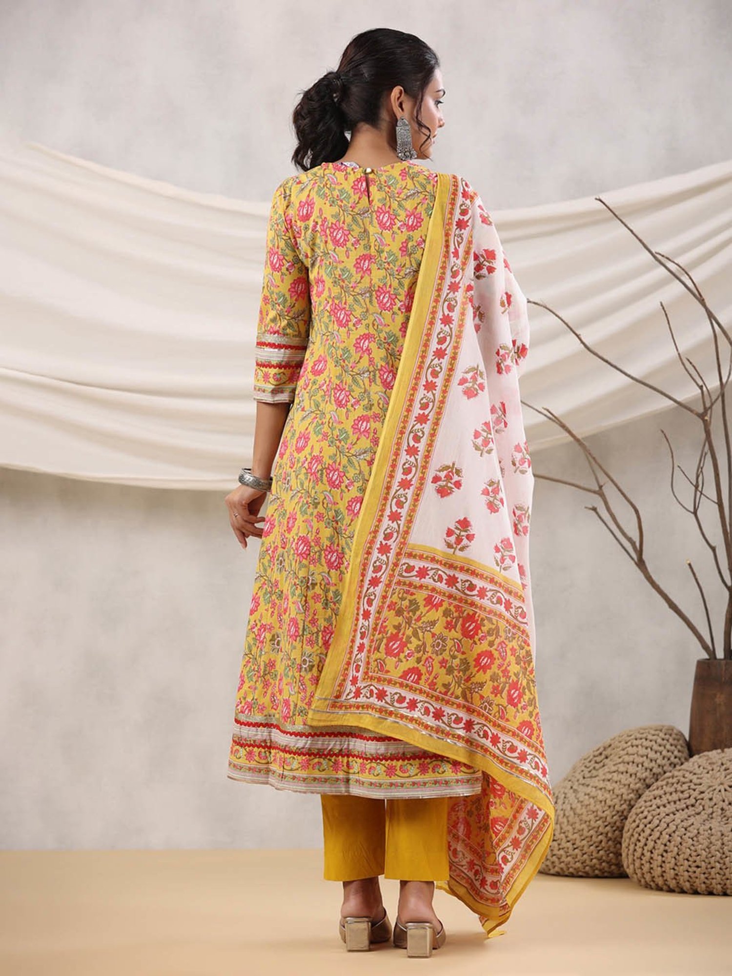 Rain and Rainbow Mustard Cotton Floral Print Anarkali Kurta With Pant & Dupatta