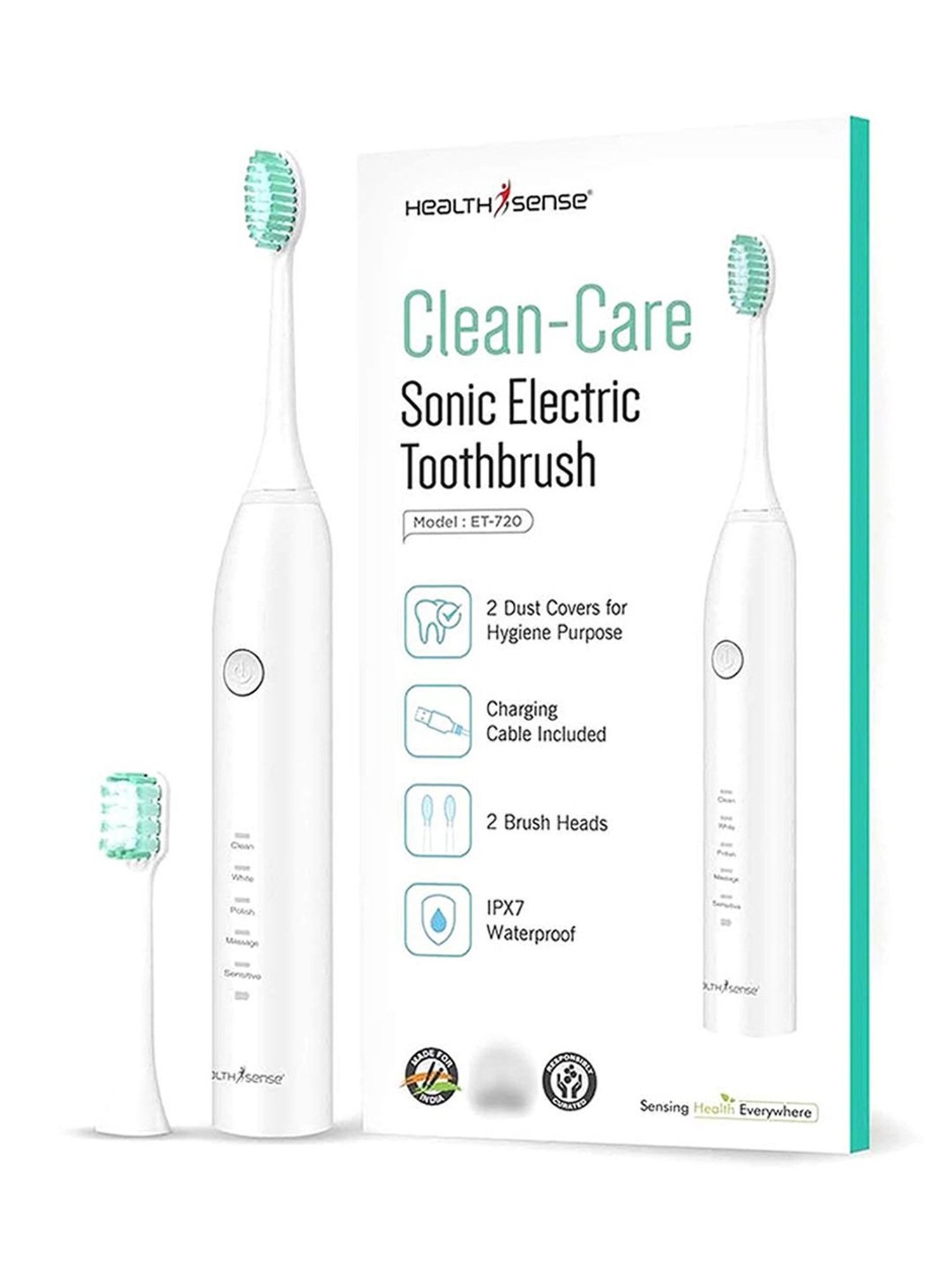 HealthSense Clean-Care ET-720 Rechargeable Sonic Electric Toothbrush with Extra Head (White)