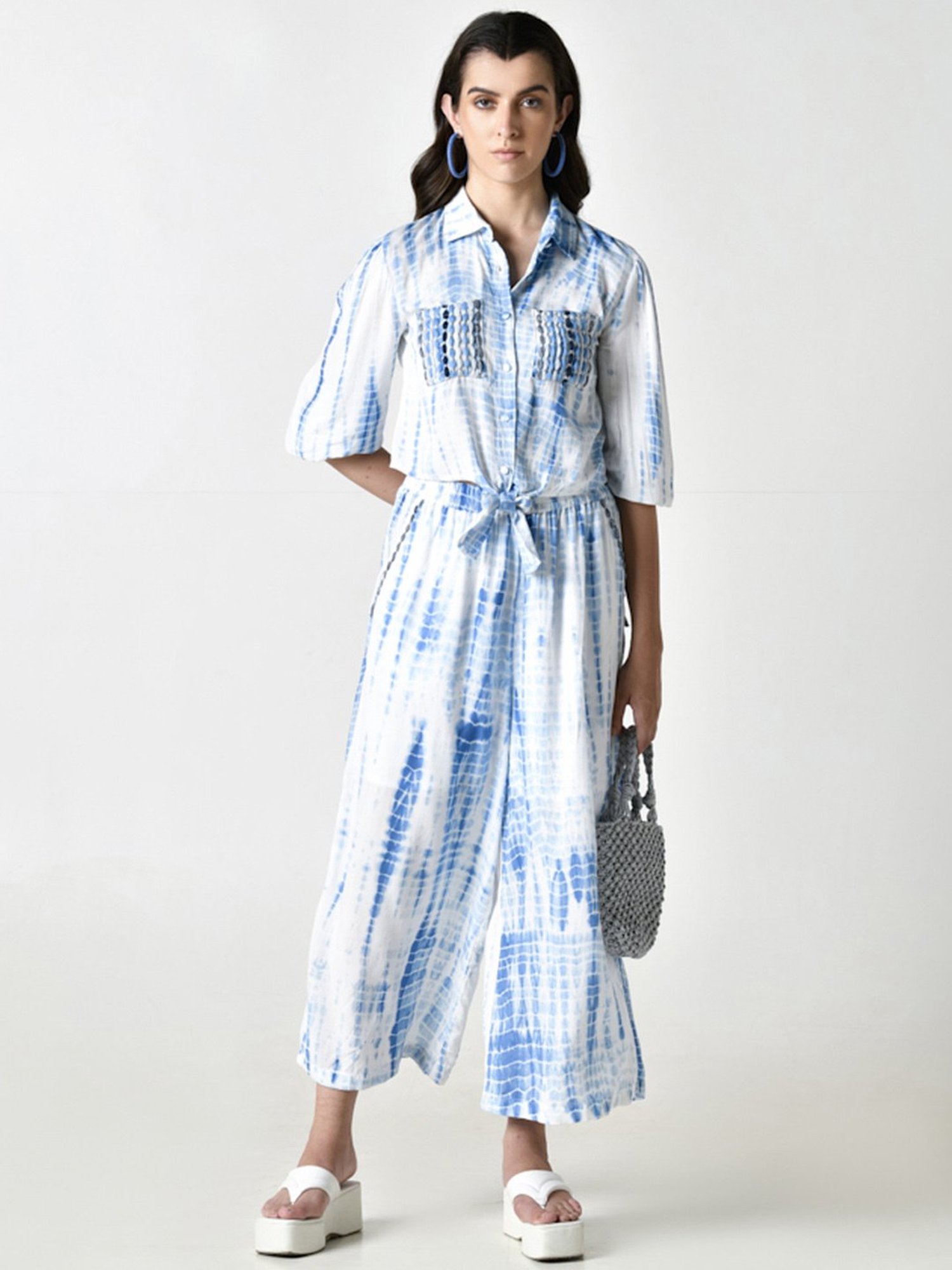 Zolo Label White Tie & Dye Crop Shirt Palazzo Set