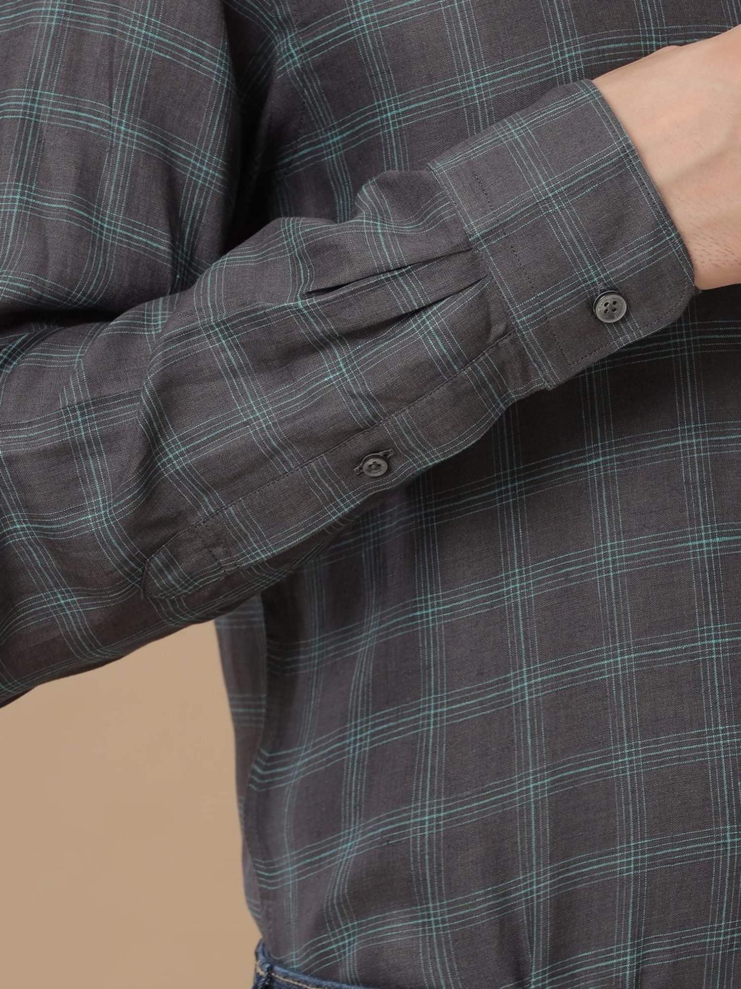 Linen Club Grey Linen Contemporary Fit Checks Shirt