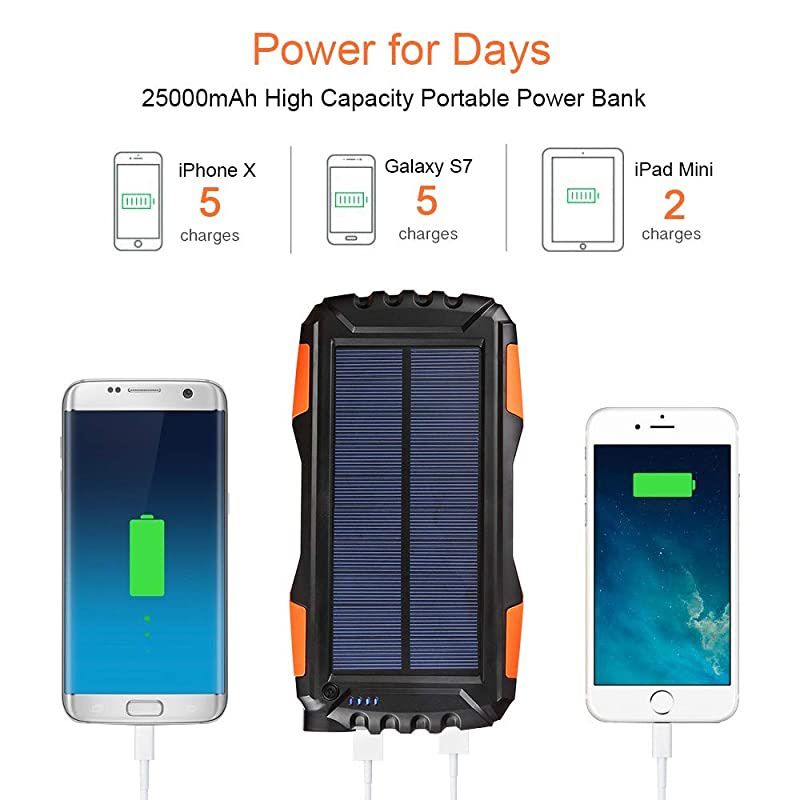 Solar Phone Charger 25000mAh Outdoor Portable Chargers with Dual 21A USB OutportSolar Power Bank External Battery Powerd Pack with Flashlight for iPhoneSamsungCampingShockDustWaterproof