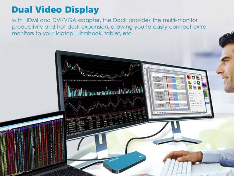 Wavlink USB 3.0 Display Universal Docking Station Dual Video HDMI/DVI/VGA , USB 3.0 & USB 2.0, Gigabit Ethernet Ports, Earphone & Mic in/out, Plug and Play For Windows Mac & Android 5.x Above - Black