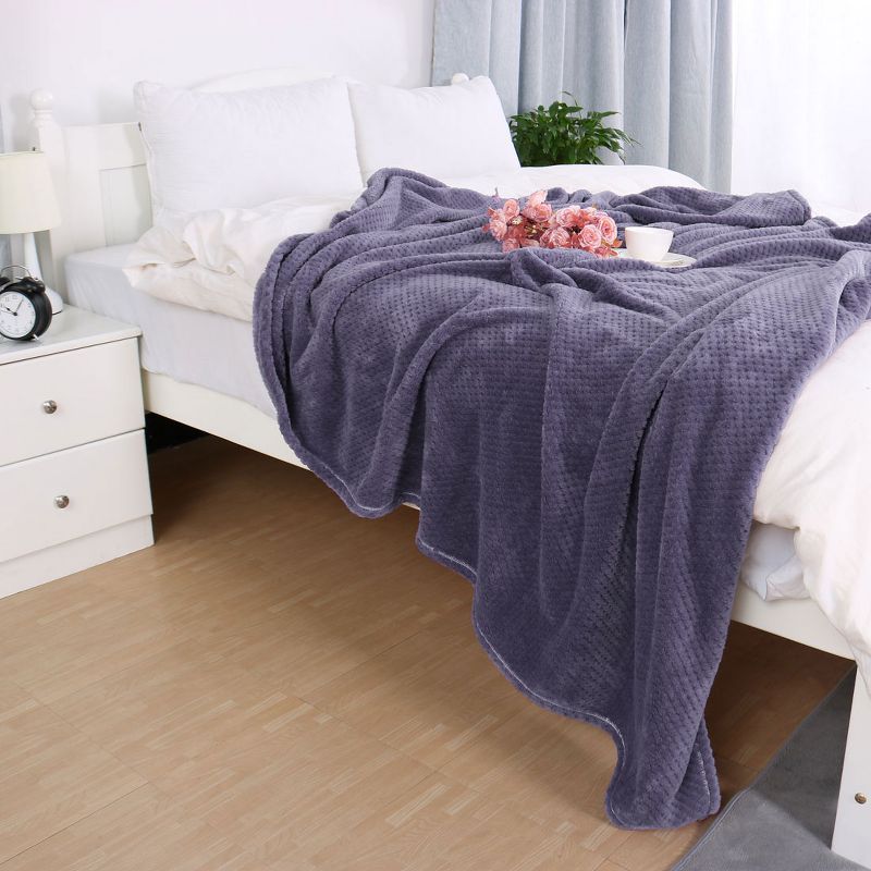 1 Pc Queen Faux Fur Lambswool Reversible Plaid Pattern Bed Blankets Purple  - PiccoCasa