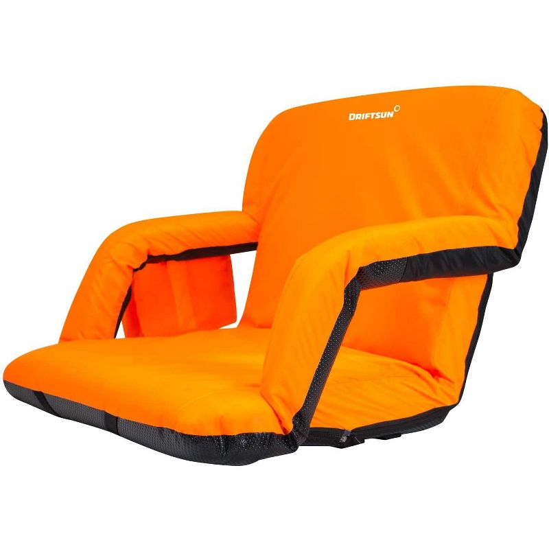 Driftsun Extra Wide Padded Folding Portable 6 Position Reclining Cushioned Stadium Seat Chair with Side Cup Holder and Backpack Carry Straps, Orange