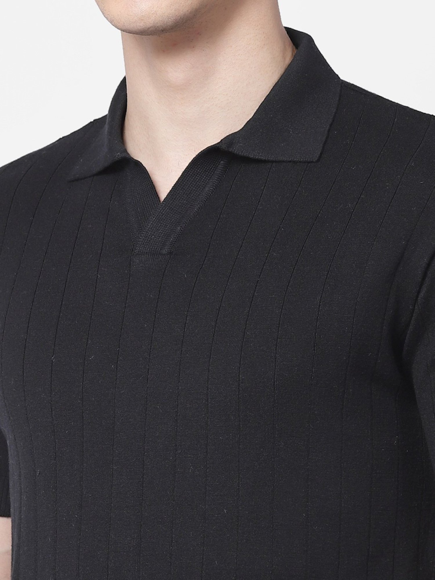 Kalt Black Regular Fit Striped Polo T-Shirt