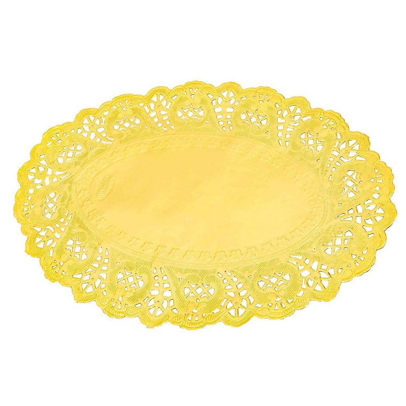 Juvale 100 Piece Gold Disposable Oval Paper Doilies Lace for Art & Craft Pastry Decorations, 7.5 x 10.5 in