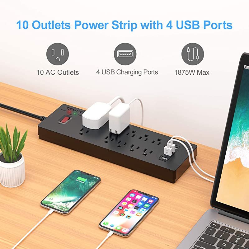Power Strip,  Surge Protector with 10 AC Outlets & 4 USB Ports (5V/4.2A), 1875W/15A, 6 Feet Long Extension Cord(Black)